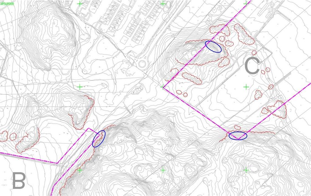 8 (10) Figur 5.1. Utsnitt ur ritning G102 (se MUR/Geo) som visar tre områden som kräver mer ingående inspektion i samband med exploatering för att fastställa eventuella behov av förstärknings-