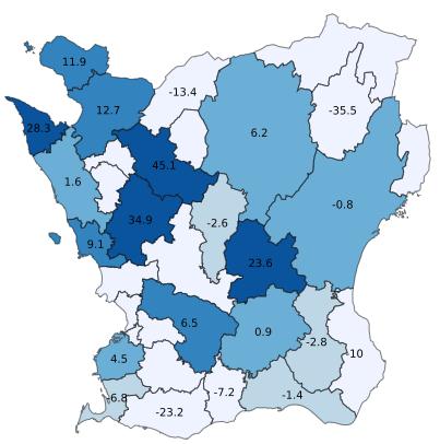 Även hotell (+6,0 %) och stugby (+8,5 %) ökade, medan vandrarhem och camping minskade något. Fig. 5. Gästnätter per boendetyp i Skåne.