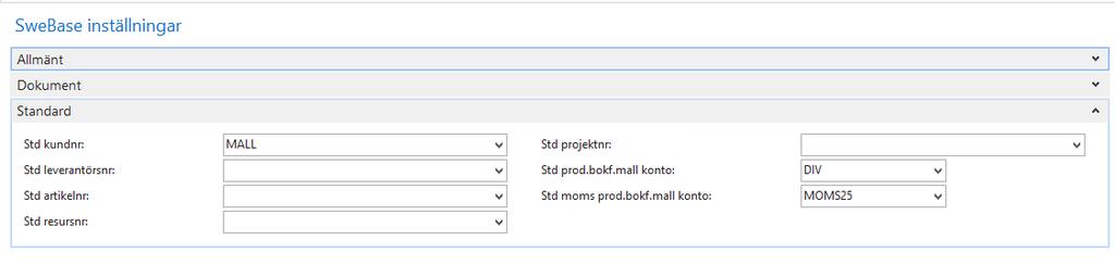 Exemplet tar upp kunden, men funktionen är densamma för de övriga registren. Inställningar Kunden Lägg upp en kund som skall användas som mall vid nyregistrering av kunder.