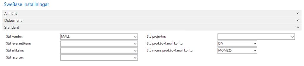 Hitta funktionen SweBase inställningar. Fältförklaring: Fält Std prod.bokf.mall konto Std moms prod.bokf.mall konto Funktion Här väljer du den produktbokföringsmallen som du vill använda som standardmall.