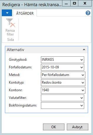 Fyll i fälten enligt beskrivningen nedan. Fältbeskrivning: Fält Girotypkod: Förfallodatum Metod Funktion Ange vilken gireringstyp som du avser att hämta betalningar för. Ange t.o.m. det förfallodatum (betalningsdatum) som du fått angivet på din betalningsspecifikation.