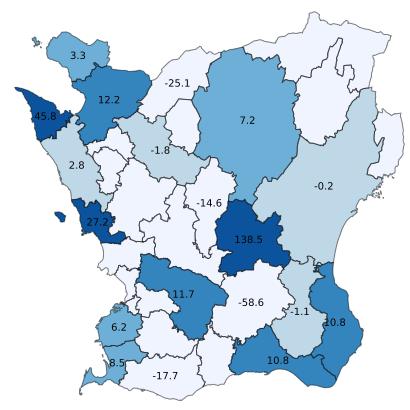 4 Positiv utveckling i 12 av Skånes kommuner Bland Skånes kommuner har 12 st en positiv gästnattsutveckling under perioden jan-mars 2018, sju kommuner backar i antal gästnätter och bortfallet