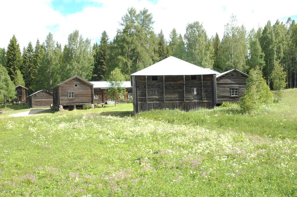 Figur 2. Ersk-Mats från söder. Från vänster ses, härbret, vedboden, stallet, bostadshuset Norr på gården samt ladugårdskomplexet. Foto: Daniel Olsson, Länsmuseet Gävleborg 2017-06-21.