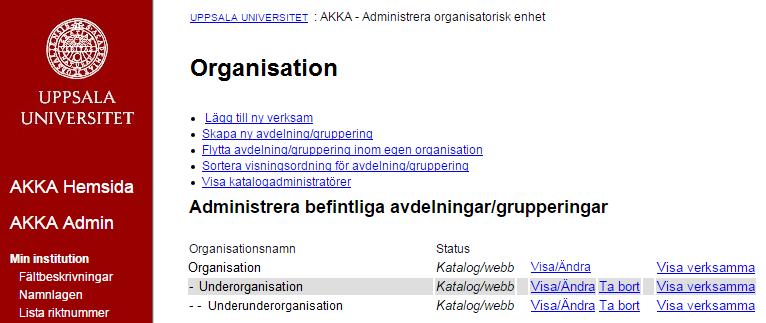 Administration och ändringar Gå till webbadressen https://akka-adm.uu.se/authsrvadmin/ och logga in. Klicka på Min institution.