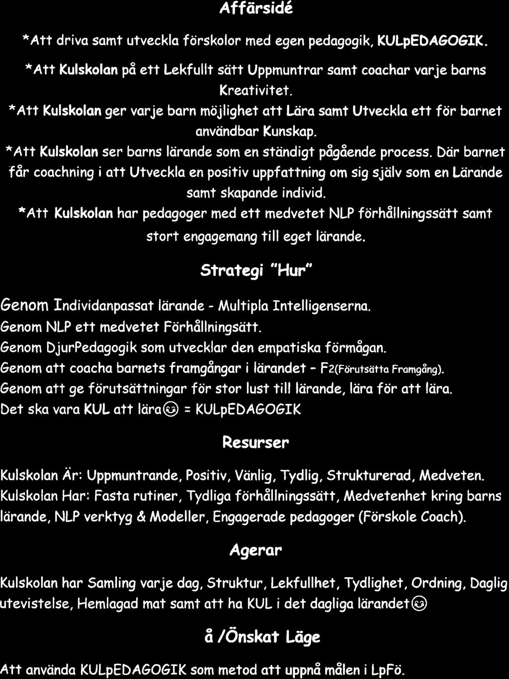 Aftörsid6, *Att drivo somt utvecklo förskolor med egen pedogogik, KULpED AåOOIfi. *Att Kulskolan på ett Lekfullt sött Uppmuntrqr sqmt coochar vorje borns Kreotivitet.