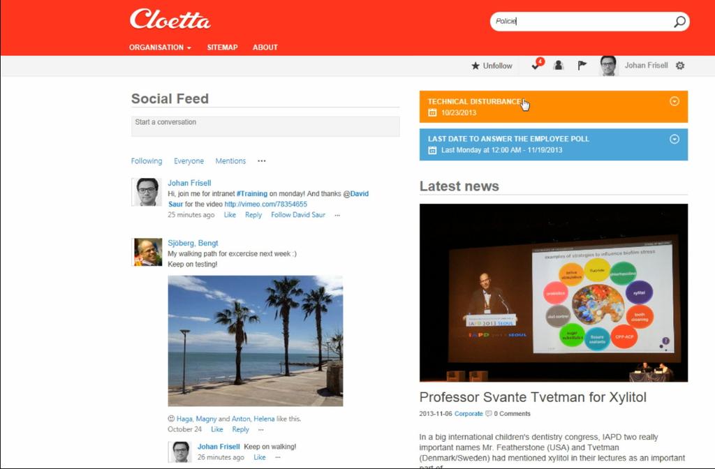 DET SOCIALA Cloeas sociala inranä, med oal 2600 användare i 12 länder, är bygg på plaformen Avanime Connec. 11 lösning men inom ramen för den kan man göra förändringar.