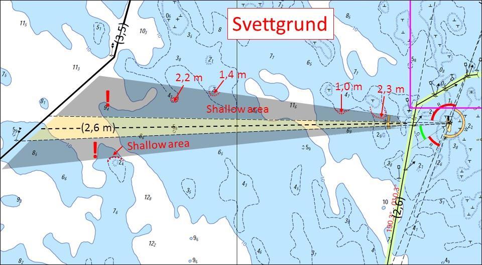 Svettgrund sektorfyrs västra navigationslinje 2,6 m ( ) Ekolodad heltäckande men inte säkrad med ramstång!