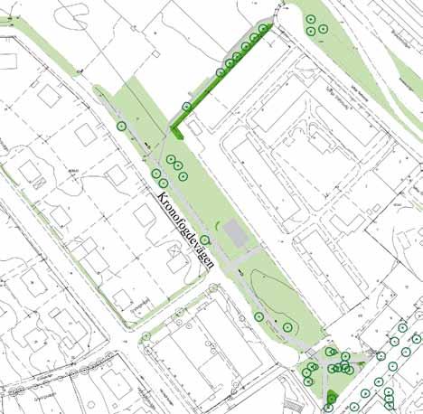 4. parkstråk längs kronofogdevägen Storlek: Ca 6,5 Ha Karaktär: Park/stråk värden: Blomsterprakt, boule, cyklel, grön oas, promenader, spontant bollspel Utveckla till stadsdelspark med tydligare