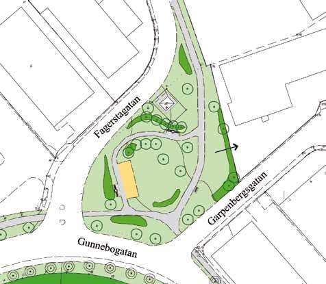 3 Kvarterspark som är ett välkommet inslag i ett annars monotont verksamhetsområde med lätt industri och kontor. En öppen gräsyta avgränsas tydligt mot omgivning med täta friväxande buskage.