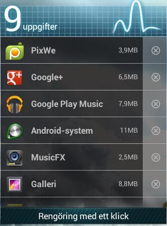 Aktivitetshanterare ASUS widget visar en lista med senast körda funktionern och deras användning i procent av ASUS Transformer Pad. Använda aktivitetshanteraren: 1.