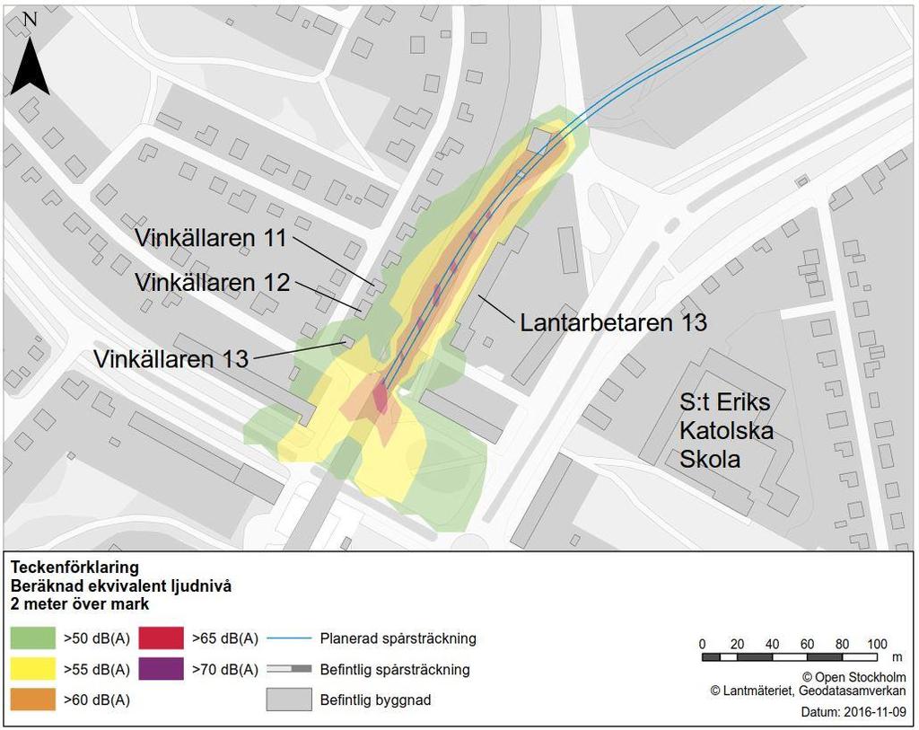 Figur 12. Ny spåranslutning. Ekvivalent ljudnivå 2 meter över mark. Figur 13. Ny spåranslutning. Maximal ljudnivå 2 meter över mark.