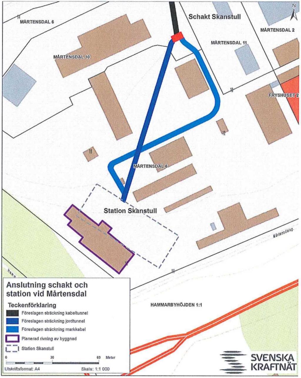 MARTENSDAL 6 Schakt Skanstull MARTENSDAL 2 MARTENSDAL rmrtensdaiffj [MARTENSDAL 6 Statlon Skanstull Anslutning schakt och station vid Mårtensdal Teckenförklaring J J Föreslagen sträckning kabeltunnel