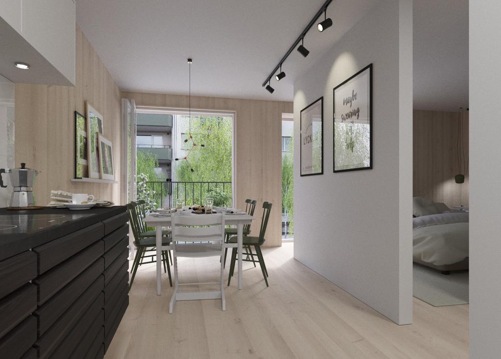 75m 2 75m 2 Bostäder med rätta virket. Generöst yteffektivt är ledord i kvarteret. Kring ett centralt placerat trapphus placeras teknisk försörjning och våtenheter till varje bostad.