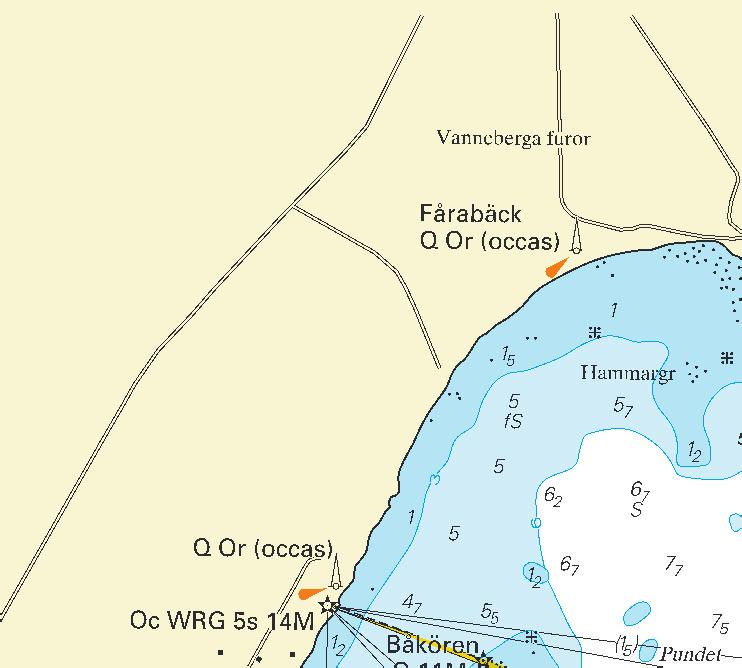 Nr 227 12 Sweden. Southern Baltic. N of Åhus. Rinkaby gunnery range. Warning lights during gunnery exercise. During gunnery exercises quick orange light is shown from two lattice masts.