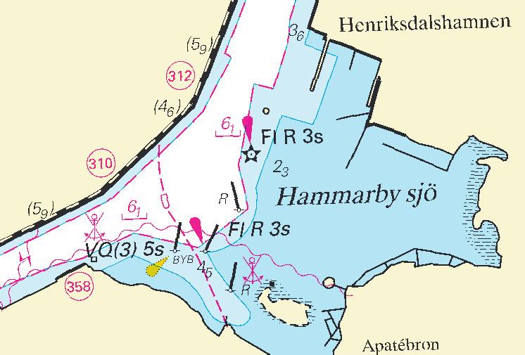 Nr 227 8 * 5127 Sjökort/Chart: 6141 Sverige. Norra Östersjön. Stockholm. Hammarby sjö. Sickla. Prick ersatt med lysprick.