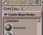 Man skapar ett nytt material (shader) genom att klicka på någon av materialtyperna under Surface i fönstret till vänster, t.ex. Phong eller Blinn. Det nya matrialet dyker då upp i rutorna till höger.