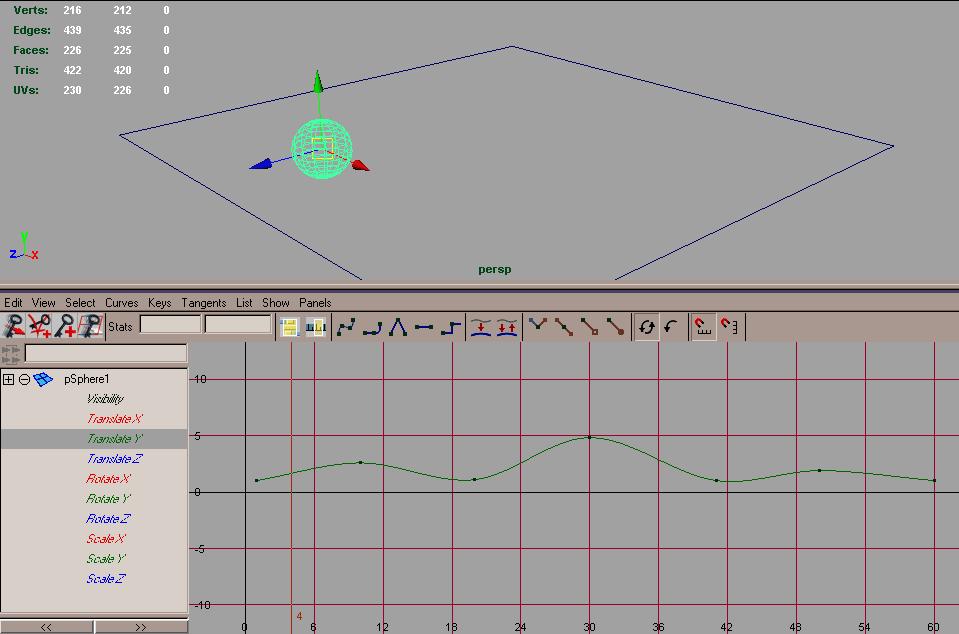 Välj bollen. Välj sedan Panels Saved Layouts Persp/Graph i någon av vyerna: I graph-vyn som nu dyker upp, välj View Frame All.
