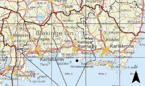 Bilaga 1. Den övre kartan är över Blekinge, där Gö naturreservat är utmärkt med en svart prick. Den undre kartan är över Gö naturreservat det mörkblå markerar naturreservatet.