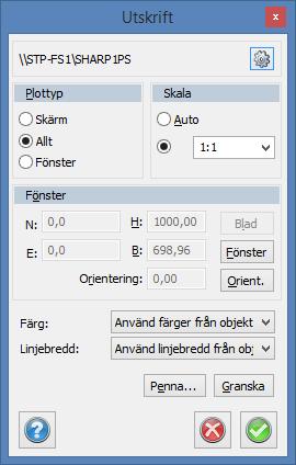 Plottyp=fönster Skala=1:1 Fönster=0/0 Tips Om man väljer linjebredd=använd linjebredd från objekt, så får man