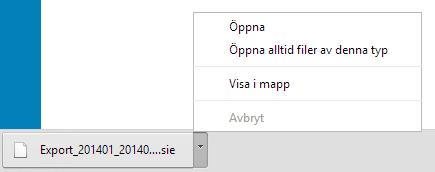 Filen kan importeras i bokföringsprogram med SIE-stöd. Du anger från och till period och trycker sedan på symbolen för att spara filen.