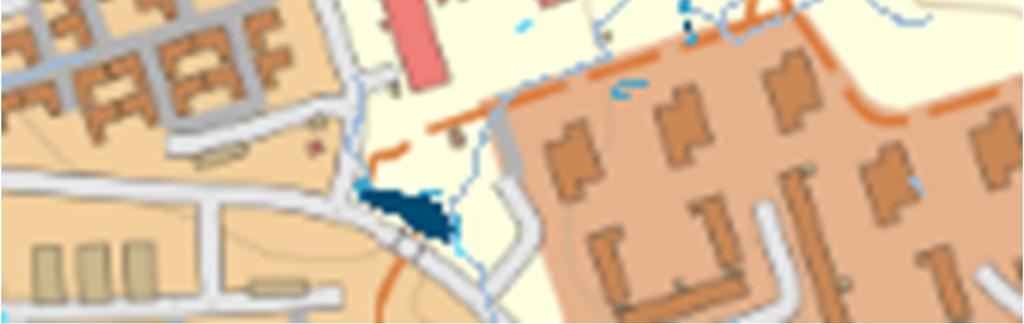 Resultat från skyfallskartering över området omkring förskolan Tallen, urklipp från Länsstyrelsens länskarta 8.