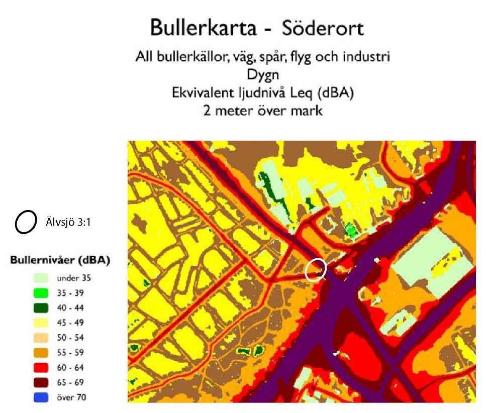 Sida 10 (11) mellan 55-70 dba beroende på var inom planområdet man befinner sig. Riktlinjerna för buller vid ny bebyggelse överskrids mot gata. Illustration över bullernivåer.