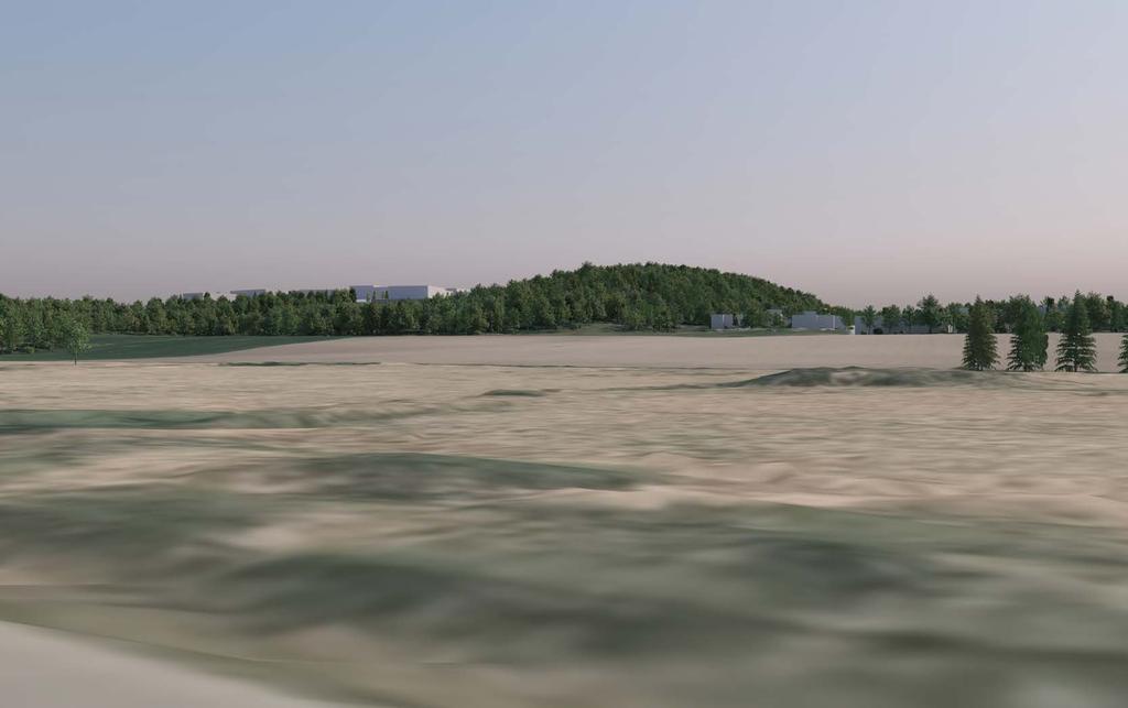 5 VISUALISERIGAR 5.4 FRÅ E6:A Y VERKSAMHET Kameraposition 2. Visualiseringen visar naturmark och åkermark i förgrunden och planområdet i bakgrunden.