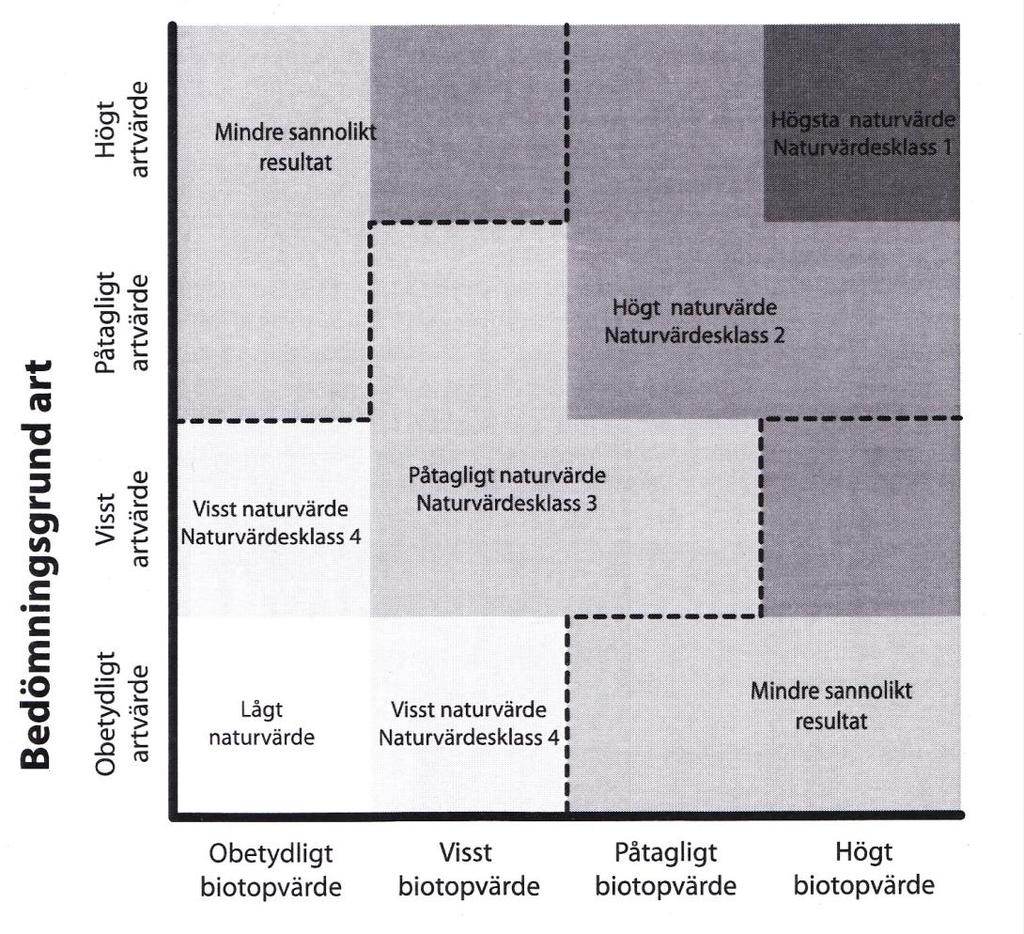 1.1 Bedömningsgrunder Naturvärdesbedömning har gjorts enligt Svensk standard SS 199000:2014 där ytor eller områden med viktiga naturvärde i normalfallet bedöms i följande fyra klasser (se även figur