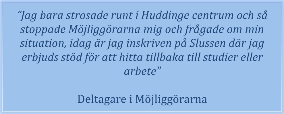 Projektet är en uppsökande verksamhet med målet att hitta unga hemmasittare som inte är inskrivna hos någon av förbundets myndigheter och sedan lotsa dem vidare till Slussens, UPIS eller annan