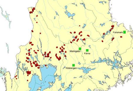 Fig. 00. Den geografiska fördelningen av Bergviks hundrahektarsytor (röda prickar) för vitryggig hackspett.