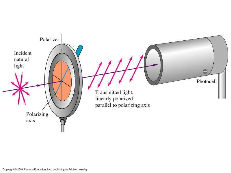 Fig. 33.24 Om opolariserat ljus passerar ett polarisationsfilter kan man erhålla planpolariserat ljus med godtycklig vinkel. Intensiteten blir hälften av den ursprungliga om filtret är idealt.