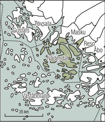 6 2.2 Nådendal Nådendal (bild 2) ligger ca 17 km nordväst om Åbo och har en total yta på ca 687,97 km². Staden är enspråkigt finsk men 1,4 % av befolkningen har svenska som modersmål.