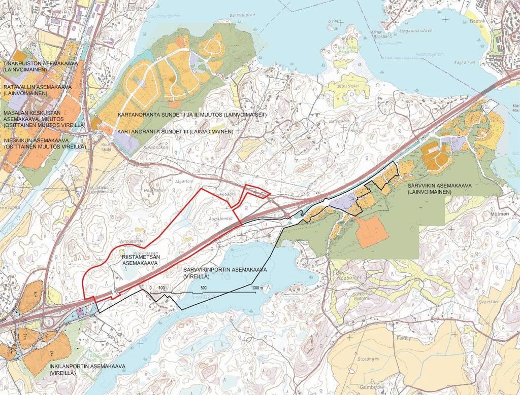 Bild 11. Planeringsområdets koppling till gällande och anhängiggjorda detaljplaner i området.