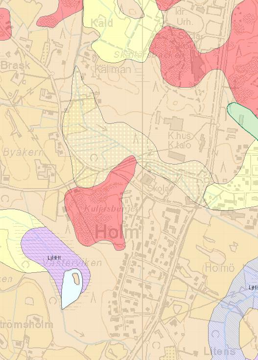 1-9 Bild 5. Jordmånskarta. I röd färg syns bergsbunden mark, i brun nyans anges morän GTK. Vattendrag och vattenhushållning I den östra delen av planområdet ligger ett grundvattenområde.