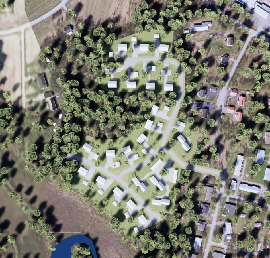 Söder om Kackurvägen: - Obebyggda småhustomter 21 st, totalt ca 34 000 m² tomtmark.