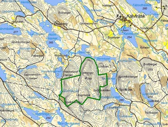 Figur 1. Översiktskarta för naturreservatet Vitbergen. Området är estetiskt tilltalande med ömsom blockrika talldominerade markavsnitt och lägre grandominerade områden med kärr och mossar (figur 2).
