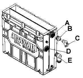 Montering av ventiler och anslutningar på oljeavskiljaren: 1. Som bild visar, montera 1 x3/8 gängad anslutning B till A. Montera avstängninsventil C i 3/8 gängan. Montera så att ventilen pekar ner.