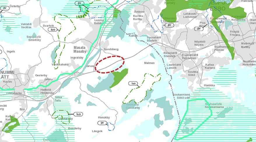 Bild 6. Utdrag ur utkastet till den fjärde etapplandskapsplanen. Planeringsområdets läge har märkts ut med en röd streckad linje. Bild: Nylands förbund. 2.3.