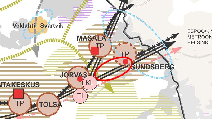 Bild 8. Utdrag ur Kyrkslätts utvecklingsbild 2040. Planeringsområdets läge har markerats med rött.