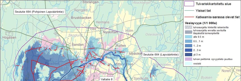 Bild 5. Avbrott på vägar vid en översvämning 1/1 000a och översvämningskänsliga vägavsnitt karterade av Trafikverket. (Digiroad 2011, Trafikverket 2013)
