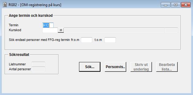 2013-10-24 RG02_funkbeskr.doc 12 (17) Kommandot 'Sök' söker fram personer som är aktuella för registrering på det kurstillfälle du markerat i listboxen.