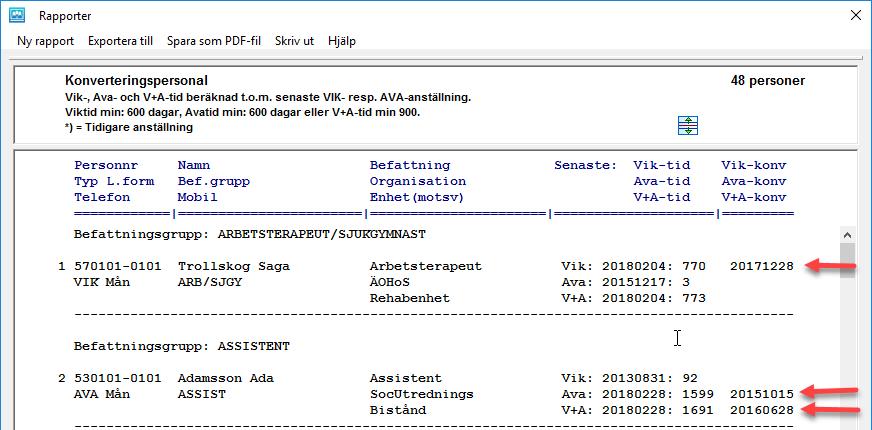 I rapporten visas VIK-, AVA- och V+A-uppgifterna på varsin rad, (se Figur 18).