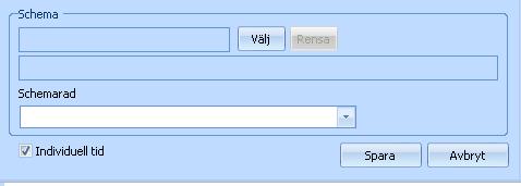 Schema Schema ska anges för personer som är kopplade till grundschema. Schema kan du inte skriva in utan den söker du fram. Klicka på Välj och markera det schema som ska gälla för placeringen.