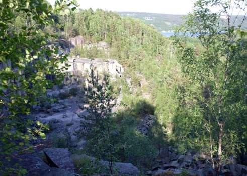 Bild 4. Utsikt över stenbrottet på lokal 12 med sina höga väggar. Längs Bohusleden vid Björneröd noterades två flygande adulta fjärilar 2015.