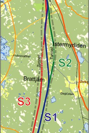 Linjestudier JP 05 Ytterbyn Grandbodarna Utvärdering/motivering: Stora skillnader mellan linjealternativen längst i norr.