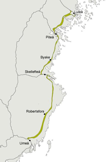 27 mil ny järnväg längs kusten En möjlighet för kommunerna och orterna längs sträckan att växa och utvecklas Anslutning till stambanan och