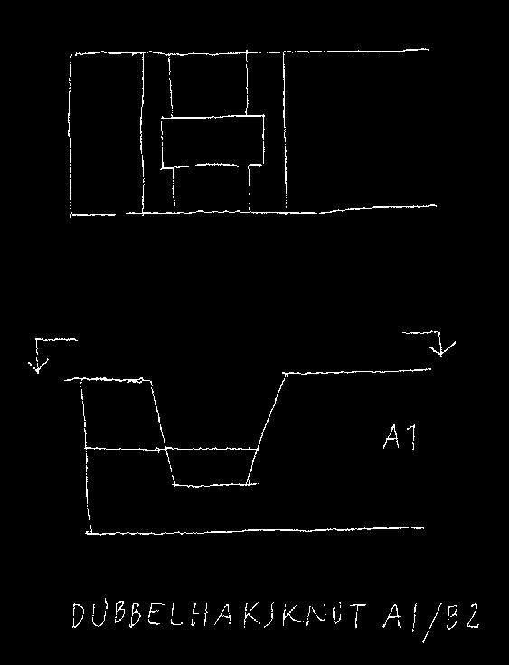 Detalj av urtaget i C1 för halvklovan som täcker springan i golvet. Jlm 06m54/15 Stomme Timrad stomme av rundtimmer av furu. Knutkedjorna består av både dubbelhaksknut, se skiss 3, och rännknut.