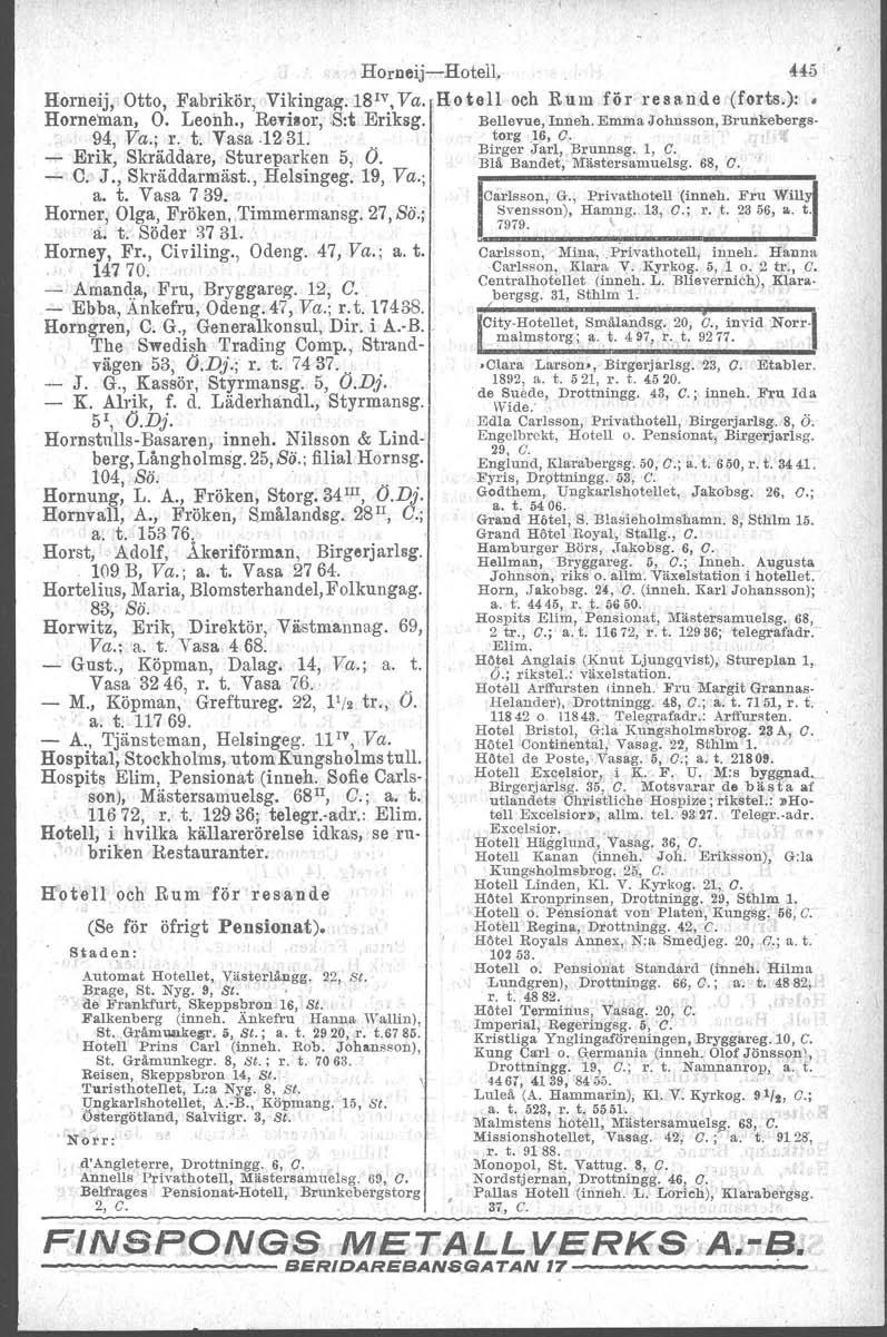 Horneij-Hotell. 445 Horneij, Otto, Fabrikör, Vikinga~.18IV,Va. Hotell och Rum för resande (f'orts.): Horneman, O. Leonh., Revisor,.8:t Eriksg. BeUevue, Inneh. Emma Johnsson, Brunkebergs- 94, Va.; r.