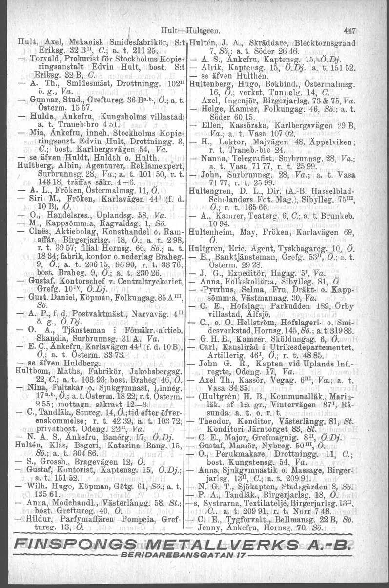 I. Hult-Hultgren.. ~47 Hult, Axel, Mekanisk Smidesfabrikör, Sot Hulten, J. A., Skräddare, Blecktornsgränd Eriksg. 32 BlI, C.; a. t. 211 25. 7, Sö,: II. t. Söder 2646. ' '.