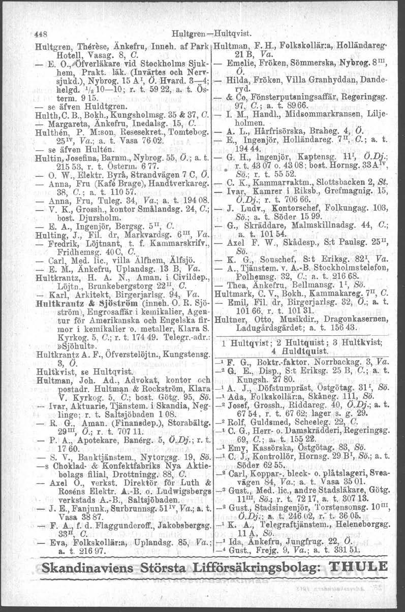 v ' 448 Hultgren-Hultqvist. Hultgren, Thårese, Änkefru, Iuneh, af Park Hultman, F. H., Pclkskollär:a, Holländateg- Hotell, Yasag. 8, C. 21 B, Va. _ E. O.